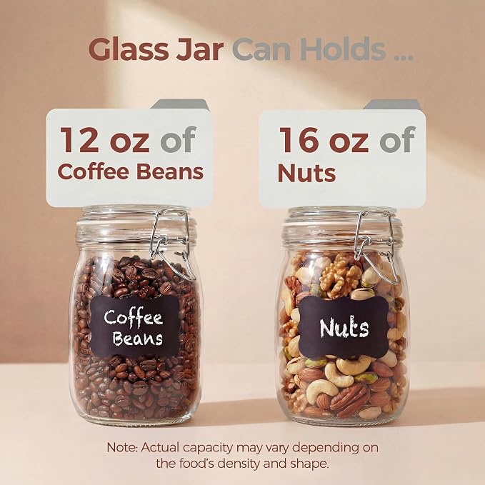 32 oz Round Glass Jars with Airtight Lids, 4 Pack Mason Jar with Clamp Lids | Air Tight Glass Food Storage Containers with Lids Keep Food Dry & Fresh, Best Canister for Flour, Sugar, Cereal, Rice, Coffee
