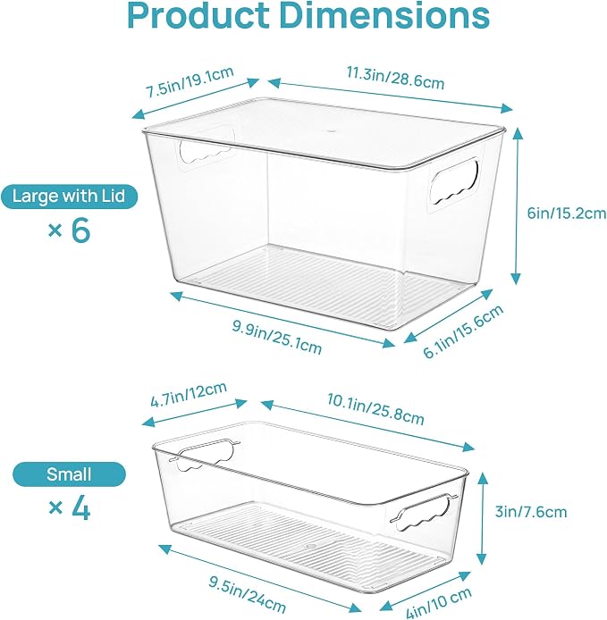 Vtopmart 10 Pack Clear Storage Bins with Lid Set for Pantry Organizer | 6 Large and 4 Small Plastic Pantry Storage Bins with Handle, Storage Containers for Pantry, Kitchen, Fridge, Cabinet