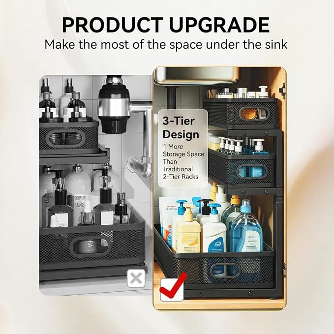 2 Pack 3 Tier Under Sink Organizer with Pull Out Drawer, Height Adjustable Heavy Duty Metal Under Cabinet Organizer, Smooth Sliding Storage Shelf for Kitchen, Bathroom Cabinet Organization, Black