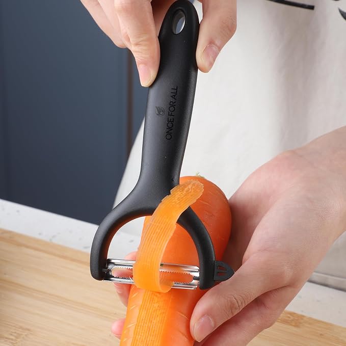 ONCE FOR ALL Safe Mandoline Slicer Plus with Peeler, Bigger Size, Black | 0.1-8mm Adjustable Vegetable Slicer, Potato Slicer Fries Cutter, Detachable Blade, Stainless Steel, Dishwasher-safe, Gift