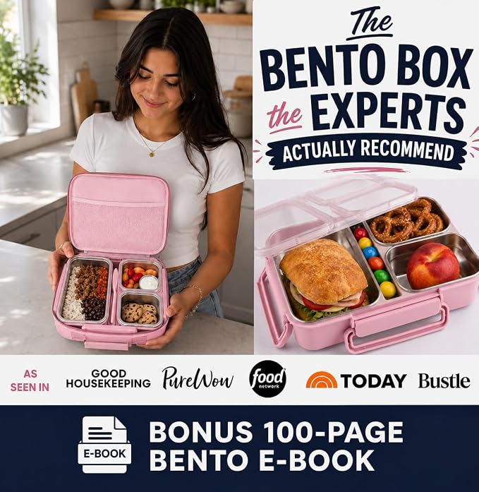 kinsho BIG Bento Lunch Box & Bag, Stainless Steel - Adults Teens Kids Pink | Holds 5 Cups in 3 Removable Metal Containers, Silicone Seals, Bonus Lids, Insulated, Utensils, Leakproof for Work School Food