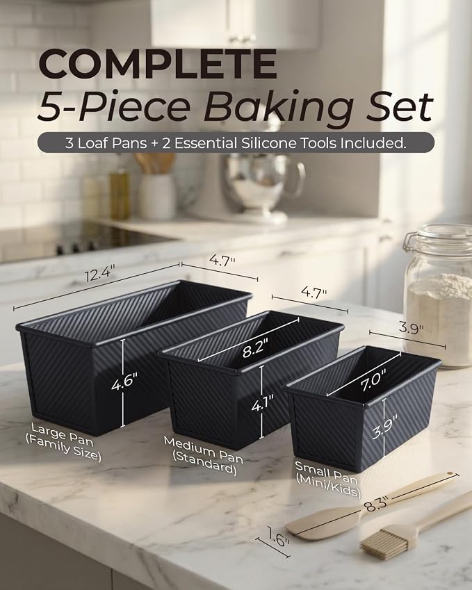 CARTMAN 3-Piece Pullman Loaf Pan with Lid, 2.2/1/0.8 LB Bread Pan, Black | Includes 2.2/1/0.8 LB sizes & silicone tools, bottom vents, nonstick carbon steel, nesting storage, for bread & brownies