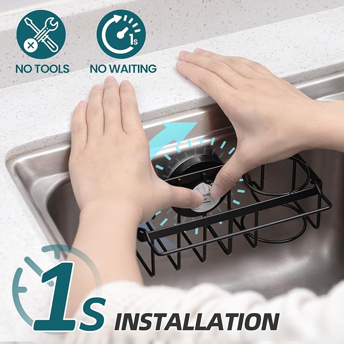 TAILI 4-in-1 Sink Caddy for Kitchen Sink with Strong Suction Cup-Black | Removable Sponge Holder for Kitchen Sink Organizer, Rustproof 304 Stainless Steel Holder for Sponge, Brush, Scrubber, Scraper