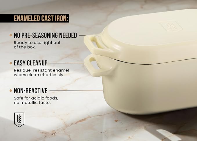 KooK Dutch Oven, For Sourdough Baking, Dual Handles, Enameled Cast Iron, includes Silicone Mat and Sourdough Guide, Dishwasher Safe, Oven safe 500F, 5 Qt, (Ivory)