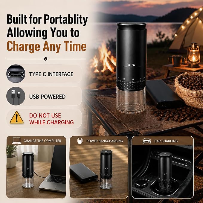 Portable Electric Coffee Grinder,Stainless Steel Conical Mill, USB-C Cordless Coffee Bean Grinder, 38 Adjustable Grind Settings for Espresso, Pour Over, French Press, Camping & Travel, 2000mAh Battery