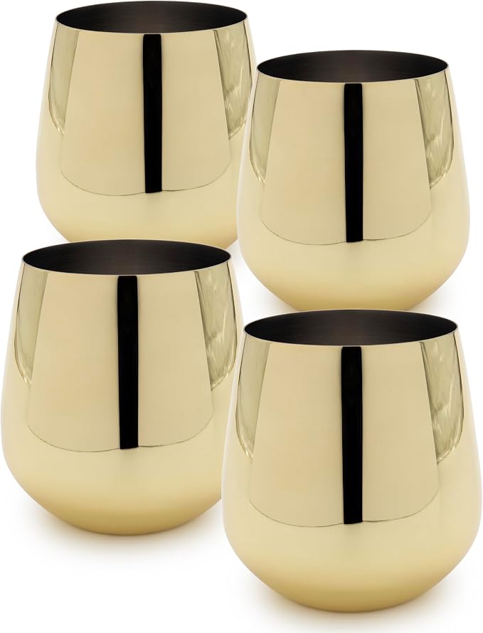 K&K Home Gold Stainless Steel Unbreakable Gold Stemless Wine Glasses - 15 oz - Set of 4 Colored, Stemless Metal Wine Glasses Perfect for Outdoors, Weddings, and Parties