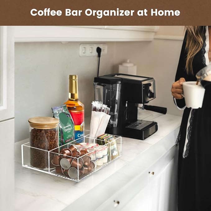 BEYGORM Acrylic Coffee Bar Station Organizer for Countertop | Office Breakroom Clear Snack Tea Storage Accessories Holder for Kcup Pod Condiment Cup Creamer Syrup, Gift for Coffee Lovers