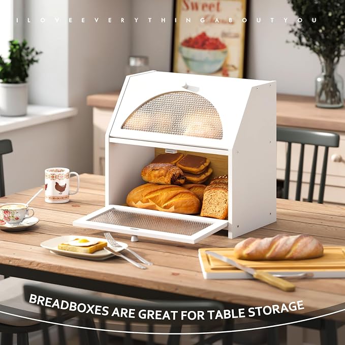 STDDRE Double Layer Bamboo Corner Bread Box with Cutting Board(White) | Extra-large capacity. Double Layer Bread Storage Bin with Door Panel for Kitchen Counter.for kitchen counter