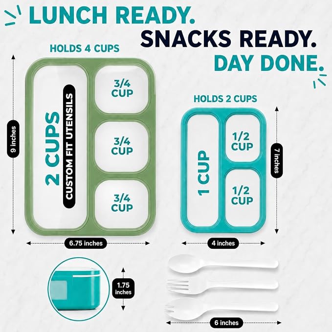 kinsho Bento Lunch Box And Snack Container Set For Kids And Adults - Large 4 & Small 3 Divided Food Compartments - Portion Control Meal Prep - Reusable for School Work Travel - 2 Pack Green Blue Set
