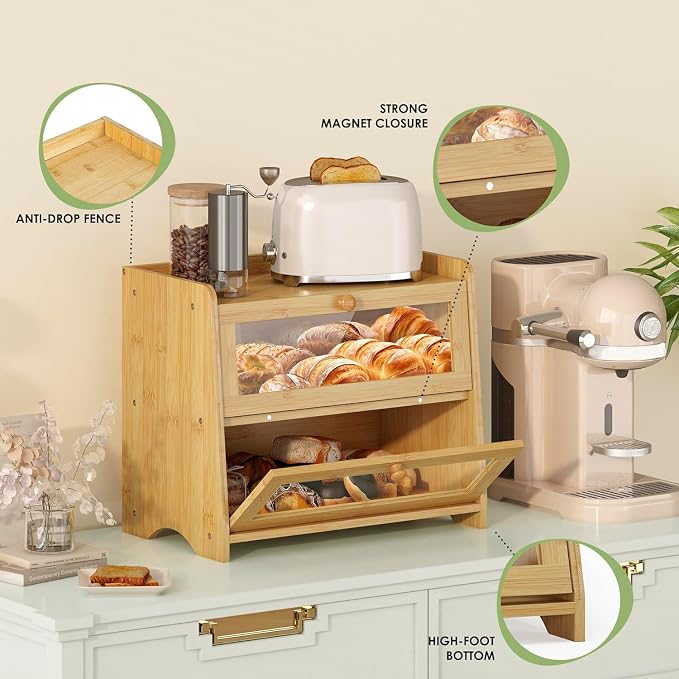 Double Layer Bread Box Container for Kitchen Countertop Homemade Bread | Large Breadbox Storage Wooden Farmhouse Bread Holder (Bamboo, Medim-15.7" L x 9.5" W x 13" H)