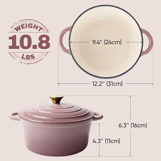 Vintage Style 4.5 Quart Dutch Oven Pot with Lid, Non Stick Enameled Cast Iron Dutch Oven for Bread Baking, Heavy-Duty, Oven Safe Ceramic Cookware Up to 500°F for Baking, Braising, Stews, Roasting, Pink