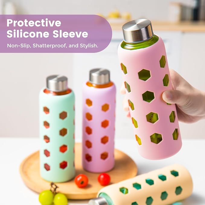 Mrsdry 18 oz Glass Water Bottles with Lids & Silicone Sleeves, 4-Pack | BPA Free, Leak-Proof Reusable Glass Drinking Bottles with Stainless Steel Airtight Cap for Juicing, Dishwasher Safe, Non-Slip