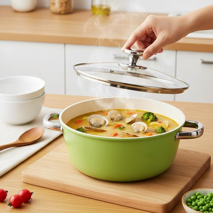 ZENFUN Ceramic Nonstick Stock Pot with Lid, 4.2 Quart Soup Pot, Cooking Pot Stew Pots, Induction Compatible Stockpot, Avocado Green