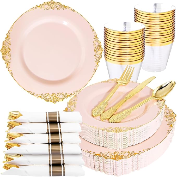Nervure 175Pcs Pink Plastic Plates, Disposable Party Plates for 25 Guests | 25 7.5" Dessert & 25 10.25" Dinner Plastic Plates, 75 Gold Cutlery, 25 9oz Cups, 25 Napkin for Wedding & Party, BPA-free