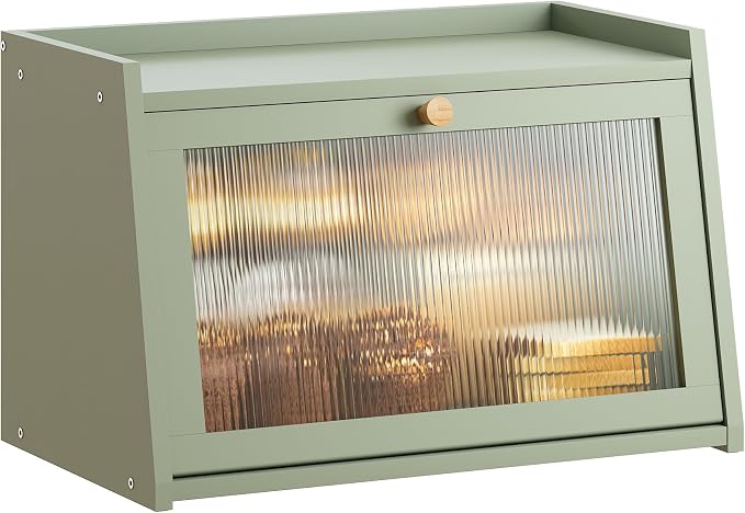 GHWIE Large Bread Box, Easy Access & Cleaning - Bamboo Bread Box for Kitchen Countertop with Acrylic Door (Green, Medium)