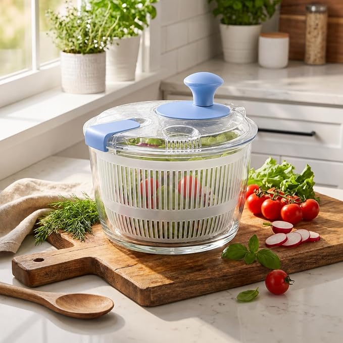 3.2 Qt Glass Salad Spinner with Storage Lid, Non-Slip Base & Basket, Blue | Compact Vegetable Dryer and Greens Washer with Clear Basket & Crank Handle; Borosilicate Bowl Microwave & Dishwasher Safe