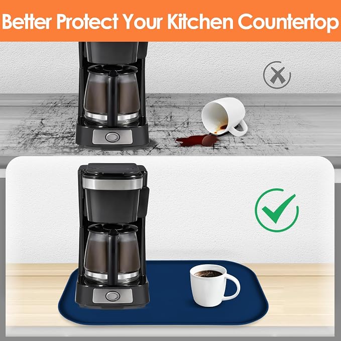 Silicone Coffee Maker Mat with Lip for Countertops, 17.4''x10.6'' Navy Blue | Multi leak-proof coffee tray for countertop, non-slip silicone mat fits most coffee makers & espresso machines, wipe-clean