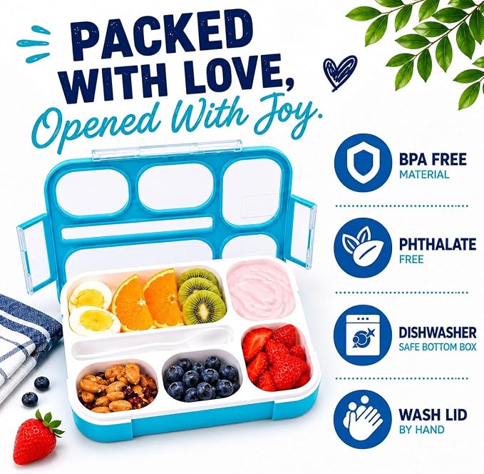 Bento-Box Lunch Box & Portion Control Snack Container Set, Leakproof Lunch-Boxes, Containers for School Meal Prep, Kids Boys Girls Adults, BPA Free, Utensils, Blue Large and MINI 2 pack
