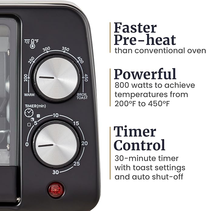 Elite Gourmet ETO449X Toaster Oven, 9.5Qt/4-Slice, 800W Quartz, Black | Fits 8" Pizza, 200-450F Adjustable Temp, 30-Min Timer - compact countertop mini design for small kitchens, dorms, RVs