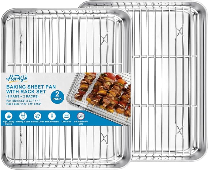 Herogo Stainless Steel Quarter Sheet Pan with Wire Rack Set(2 Pans + 2 Racks), 9 x 13 x 1 Inches Metal Baking Tray Set for Cooking & Roasting, Nontoxic & Easy Clean