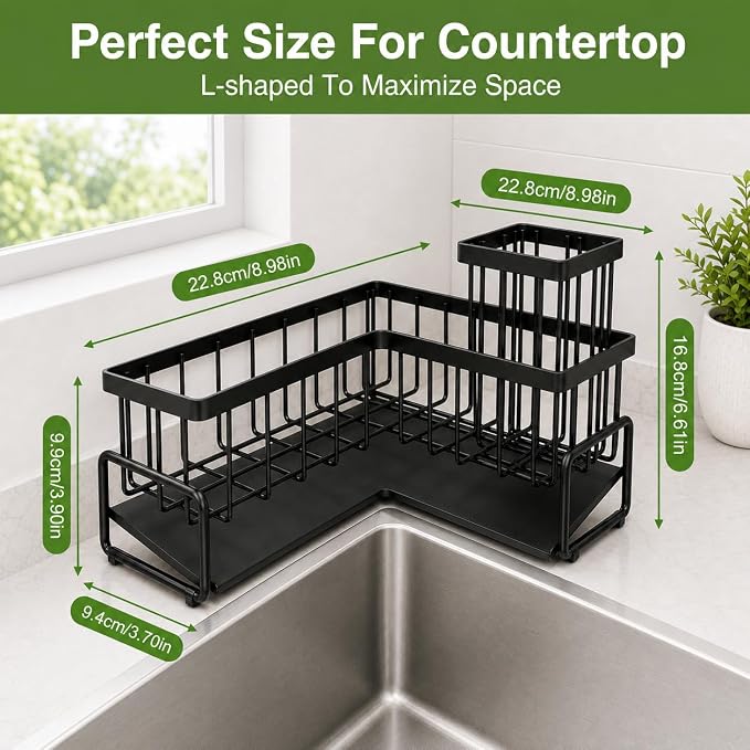 L-Shaped Kitchen Sink Caddy, Large Capacity Sink Organizer for Countertop Corner, Multi-Purpose Kitchen Caddy with Sponge & Dish Brush Holder, Sponge Holder for Kitchen Sink to Keep Area Dry & Neat
