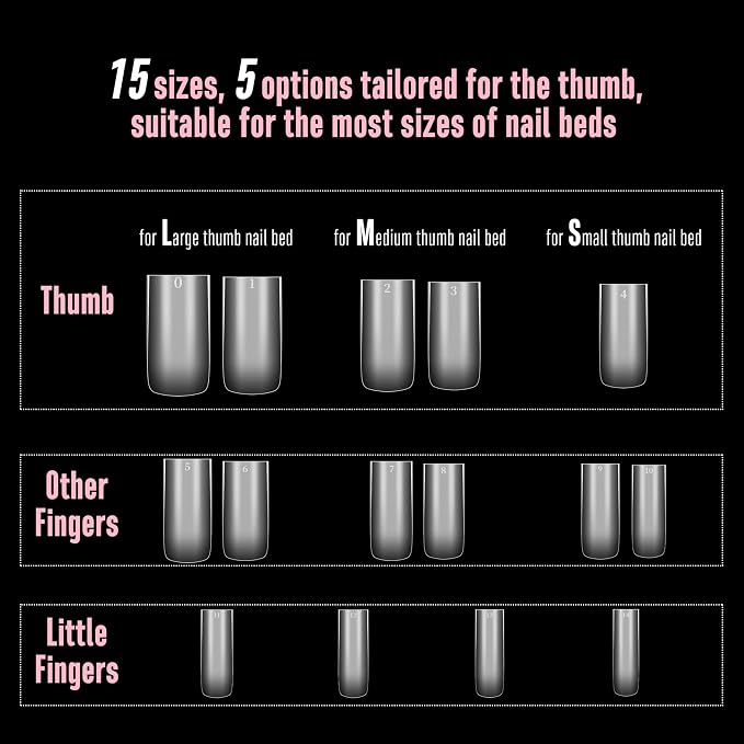 NOVO OVO Sharp Square Medium Nail Tips Press on, Natural (Not Sculpted) No C Curve Soft Gel Double Matte Clear Fake Nail Extension,Full Cover False Nails for Salon DIY Manicure x 15 Sizes 180 pcs