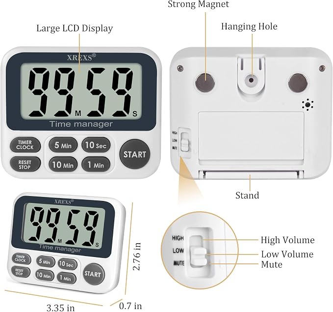 XREXS Digital Kitchen Timer, Magnetic Countdown Up Cooking Timer | with Large LCD Display, Adjustable Volume, Loud Alarm & Strong Magnet for Teachers (Batteries Included)