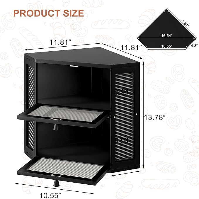 WOWLIVE Double Layer Corner Bread Box for Kitchen Countertop with 2 Doors | Bamboo Bread Storage Container, Large Farmhouse Breadbox with Acrylic Wavy Door, Under Cabinet Organizer, Black, Medium