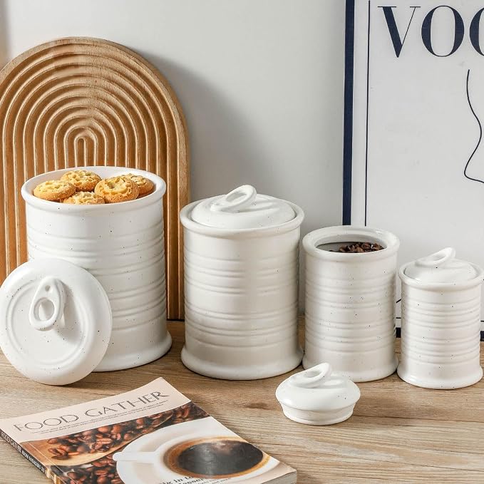 Nihow Food Storage Jar, Ceramic Canister Sets for The Kitchen,Set of 4 | Air Tight Ceramic Lid, Flour/Sugar/Rice/Coffee/Cookies/Candy,Matte White
