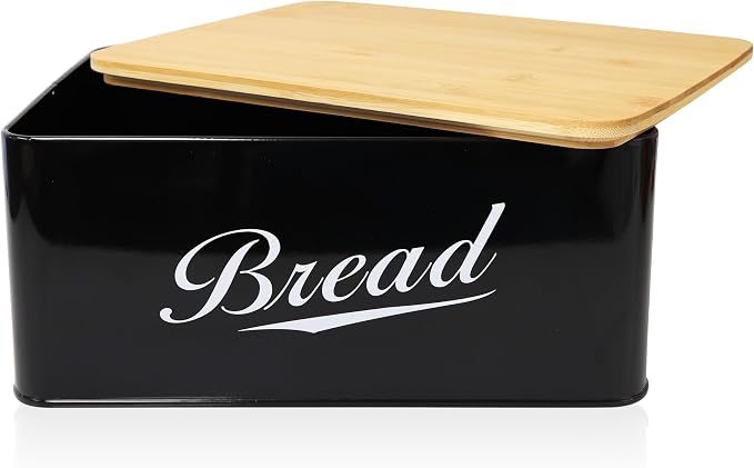 RoyalHouse Modern Metal Bread Box with Bamboo Cutting Board Lid | Bread Storage Container for Kitchen Counter, Vintage Kitchen Decor Organizer - Black