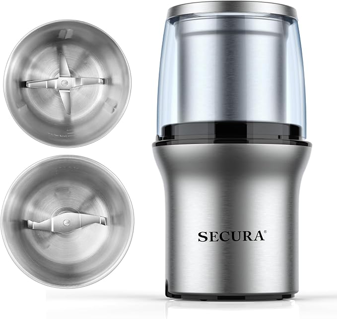 Secura Electric Coffee Grinder and Spice Grinder with 2 Stainless Steel Blades Removable Bowl | 2 Stainless Steel Blades Removable Bowls, For Spice, Coffee Bean, Dry and Wet Ingredients Grinding