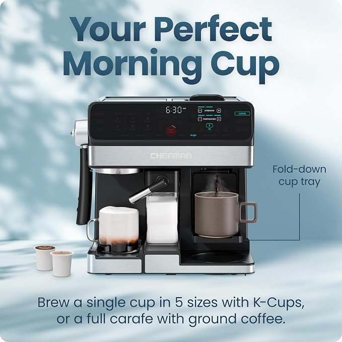 Chefman Coffee Maker Espresso Machine Combo, 8-in-1 Coffee Station with Automatic Milk Frother for Lattes, Cappuccinos, Macchiatos, 20-Bar Pump, 12-Cup Carafe & 3L Water Tank - Black