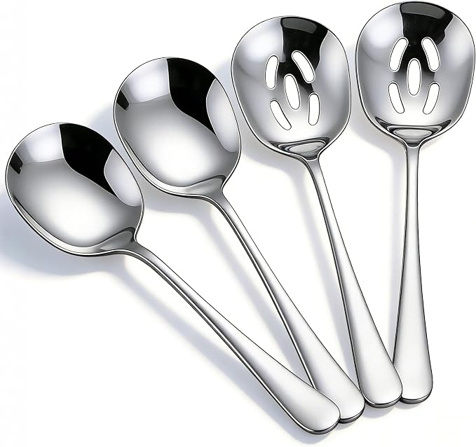 4-piece Serving Spoons, 18/8 stainless steel, Large Buffet Serving Spoon, 2 Slotted Spoons & 2 Solid Spoons, Heavy Duty 304 Stainless Steel Tabletop Flatware Utensil for Banquet, Cooking, and Kitchen