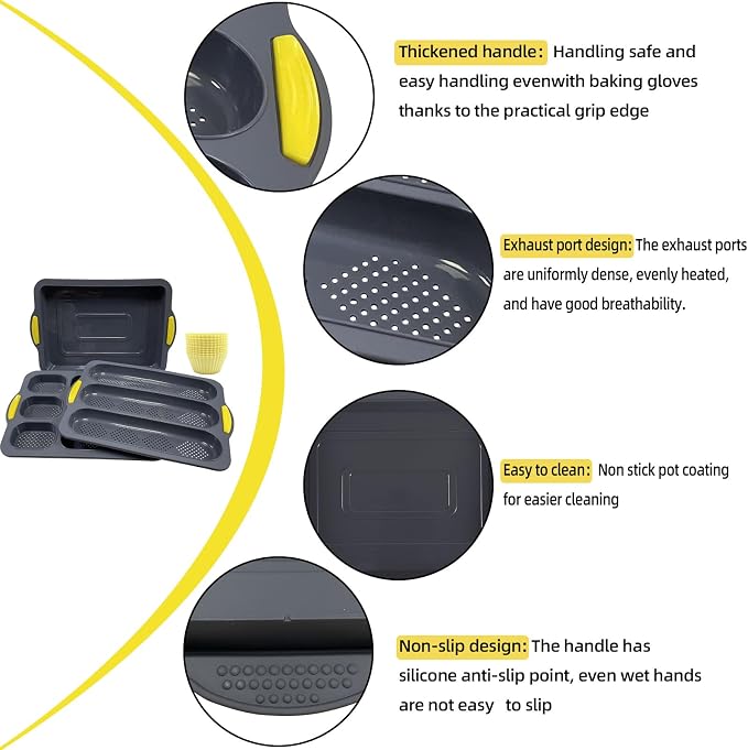 Silicone Bread Loaf Pan, Nonstick Baguette Bread Pan, Baking Pan Set | Food Grade Silicone Molds for Baking Hot Dog Buns Hoagie Rolls Sandwich, Sourdough Loaf Pan, Bread Pans for Homemade Bread