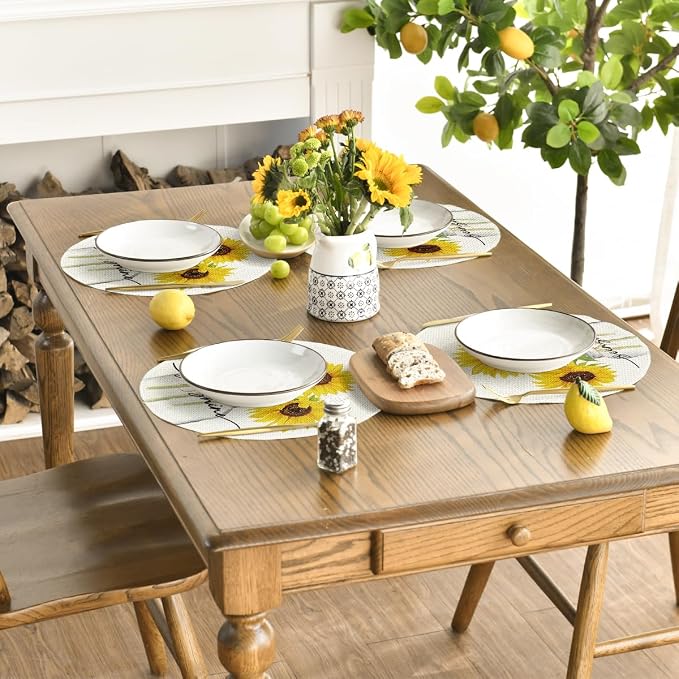 Artoid Mode Buffalo Plaid Sunflower Sunshine Vase Round Summer Placemats Set of 4, 14 Inch Spring Fall Table Mats for Dining Decoration
