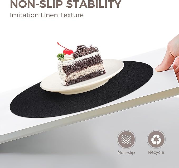 13" Round Placemats Set of 4, Reversible Faux Leather Wipeable Table Mats | 2mm Vinyl Heat Resistant, Waterproof Oilproof Scratch Proof Non-Slip, Washable for Kitchen Dining Indoor Outdoor (Black)