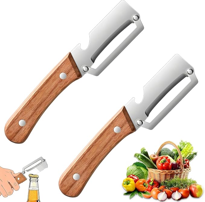 2-Pack Vegetable Peeler with Wooden Handle and Bottle Opener, Multi-Function Kitchen Vegetable Peeler for Potato, Carrot, Fruit, Pumpkin and Veggie Peeling