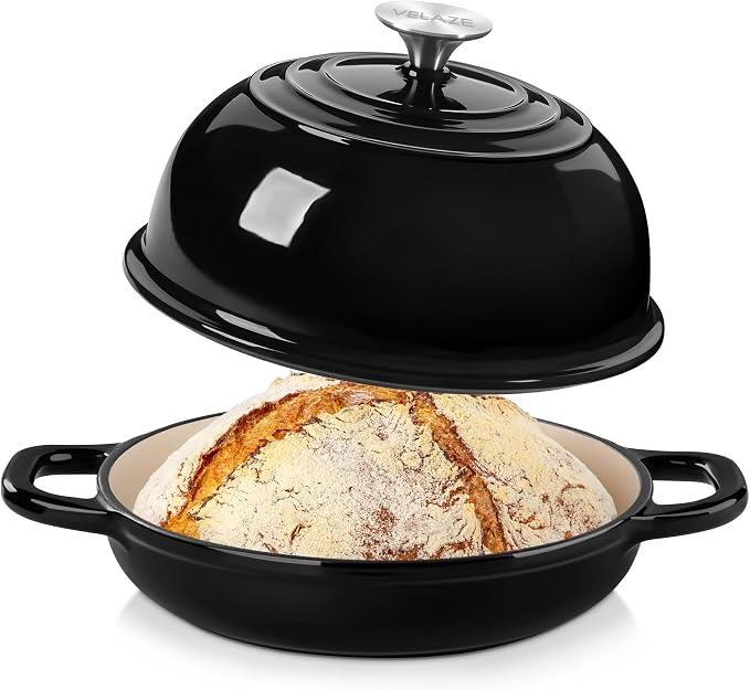 Velaze 5 QT Enameled Cast Iron Dutch Oven for Bread Baking with Dome Lid | Traps Steam for Crispy Artisan Sourdough Bread,Oven Safe,Ergonomic Handles,Gift for Bakers and Bakery Style Loaves,Black