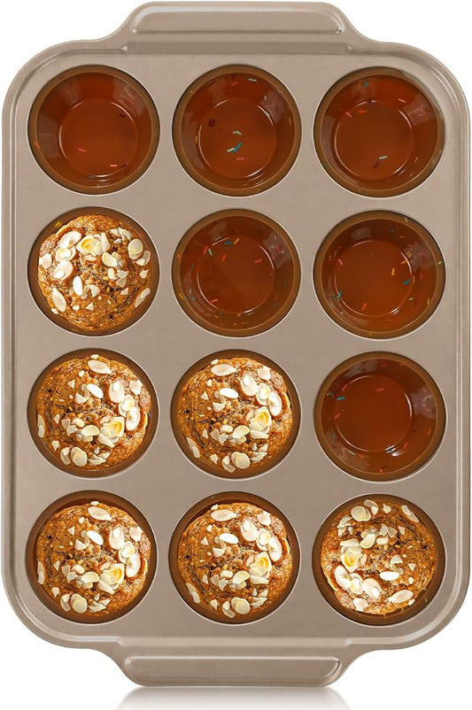 Silicone Muffin Pans for Baking with Metal Frame, 12-Cup Silicone Cupcake Pan, Egg Bite Silicone Mold, Nonstick, BPA Free, Oven & Dishwasher Safe