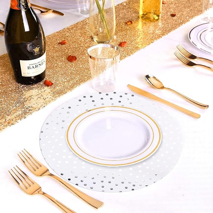 50 Pcs 14 Inch White and Silver Foil Paper Place Mats Silver Polka Dots Round Placemats Disposable Decorative Table Mats for Wedding Banquet Party Home Dining Table Decor