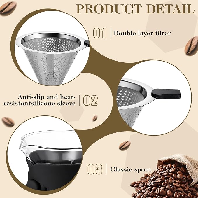 500ml Pour over Coffee Maker Glass Drip Coffee Maker with Reusable Stainless Filter and Grip for Home Office