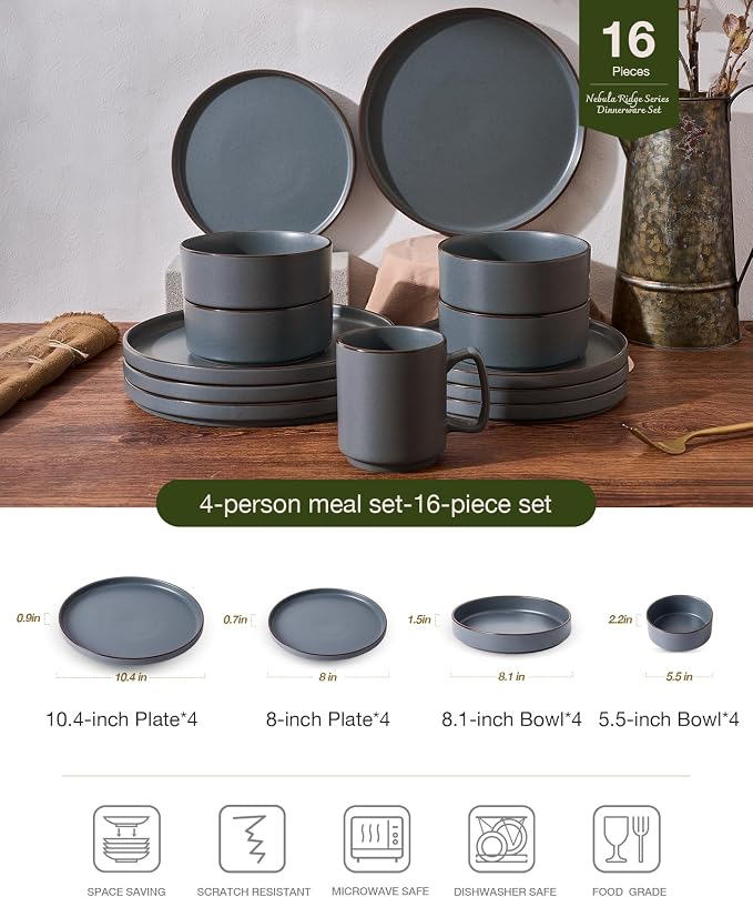 Famiware Nebula Ridge 16-Piece Dinnerware Set with Pasta Bowls, Charcoal | Stoneware Plates and Bowls for 4, Warm Hand-Painted Rims, Microwave and Dishwasher Safe
