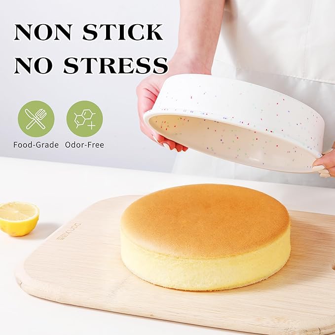 8 inch Silicone Round Cake Pans, Set of 2, Cream | Metal Reinforced Frame, Nonstick Cake Molds for Baking, BPA Free