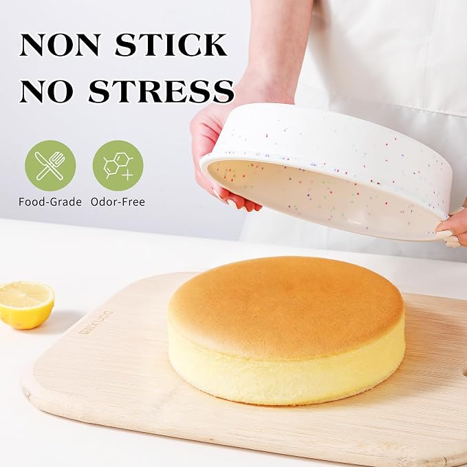 10 inch Silicone Round Cake Pans, Set of 3, Cream | Metal Reinforced Frame, Nonstick Cake Molds for Baking, BPA Free