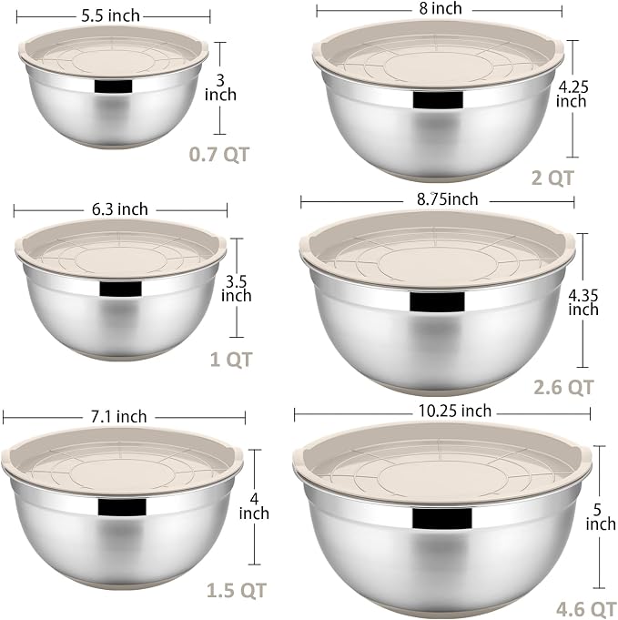 P&P CHEF Stainless Steel Mixing Bowls With Lids, Set of 6, Khaki | Salad Nesting Mixing Bowls & Fitting Lids & Non-Slip Silicone Bottom, Ideal for Mixing, Storing, Size 0.7/1/1.5/2.5/3/4.6 Qt