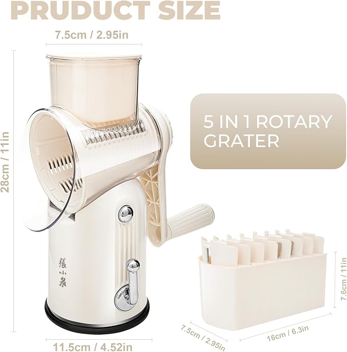 Rotary Cheese Grater Manual Hand Crank with 5 Blades & Suction Base, Kitchen Vegetable Shredder Slicer for Veggie, Nuts, Fruit, Cream