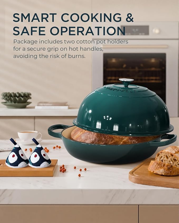 Enameled Cast Iron Bread Oven, 6QT Cast Iron Dutch Oven for Homemade Sourdough Bread Baking, Round Bread Pot with Dome Lid & Cotton Potholders, Bottle Green