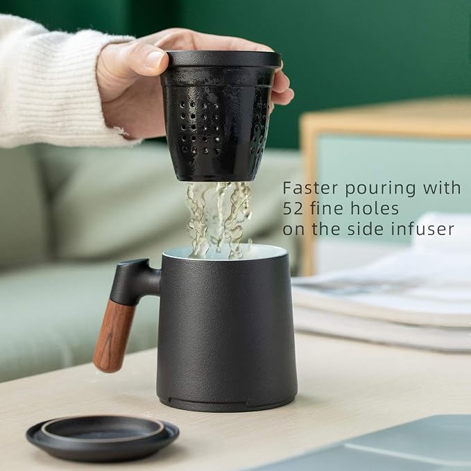 ZENS Tea Cup with Infuser and Lid for Loose Leaf Tea Steeper, 12oz Black | Embossed Ceramic Tea Infuser Mug with Fine Strainer for Herbal Tea Lovers Gifts, Vintage Wood Handle