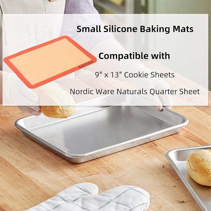 AMYONE Quarter Sheet Silicone Baking Mat, 2 Pcs Non-Stick Silicone Baking Mats Cookie Sheet for 9x13 Baking Pan, Reusable Baking Sheet Liners Compatible with Nordic Ware Naturals Quarter Sheet