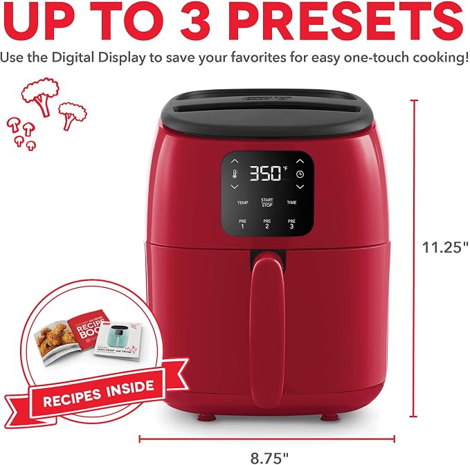 Dash Tasti-Crisp Digital Air Fryer, 2.6 Quart, Red | Small Compact Basket Style Air Fryer for One or Two People, Auto Shut Off, Adjustable Temperature, Dishwasher Safe Parts